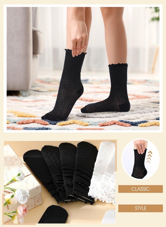 Chicingyou 12 Pairs Women's Ruffle Socks Lace Cotton Frilly Ankle Socks for Women White and Black Mesh Casual Crew Sock Christmas Gift - Image 5